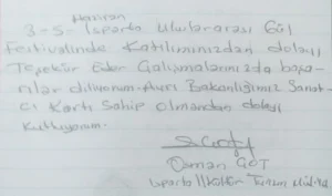 3-5 Haziran Isparta Uluslararası Gül Festivaline katılımınızdan dolayı teşekkür eder, çalışmalarınızda başarılar diliyorum. Ayrıca Bakanlığımız Sanatçı Kartı sahibi olmadan dolayı kutluyorum.

Osman Çot
Isparta İl Kültür ve Turizm Md.Yrd.